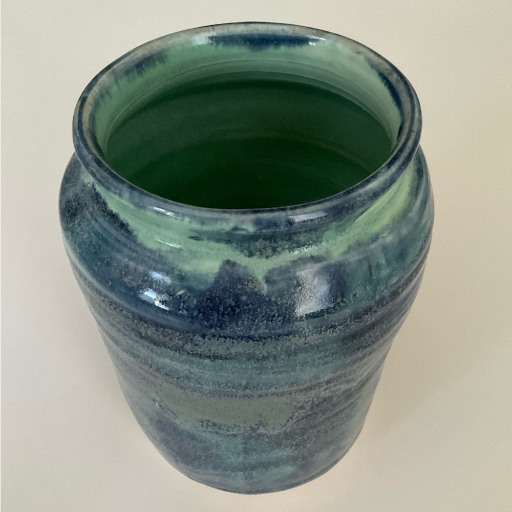 Handmade Ceramic Pottery Glossy Blue and Green Vase signed by Sheila